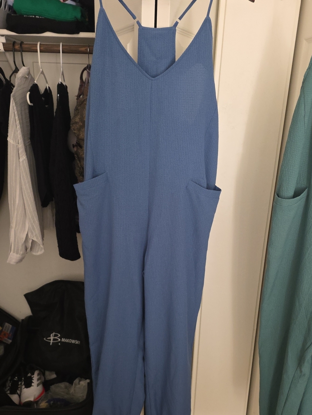 Cupshe Dusty Blue Ribbed Spaghetti-Strap Jumpsuit with Pockets
